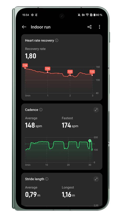 Screenshots der Benutzeroberfläche der OnePlus Watch 2R-Begleiter-App: Indoor-Lauf