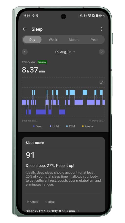 Screenshots der Benutzeroberfläche der OnePlus Watch 2R-Begleit-App: Schlaf-Metriken