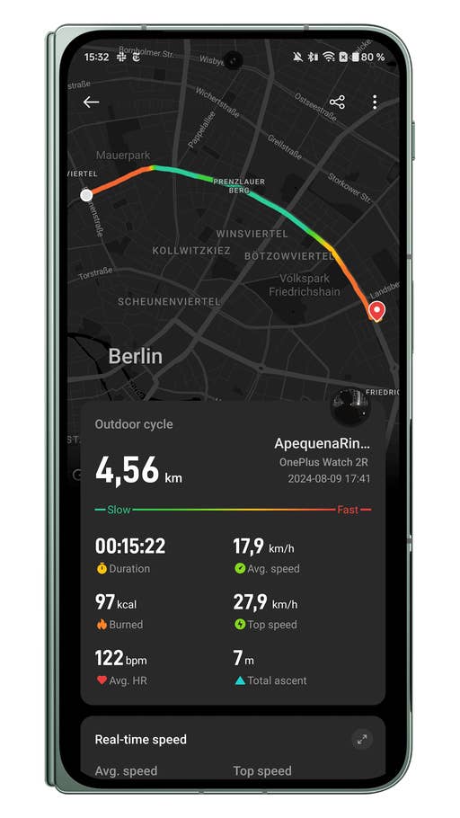 Screenshots der Benutzeroberfläche der OnePlus Watch 2R-Begleiter-App: Radfahren im Freien