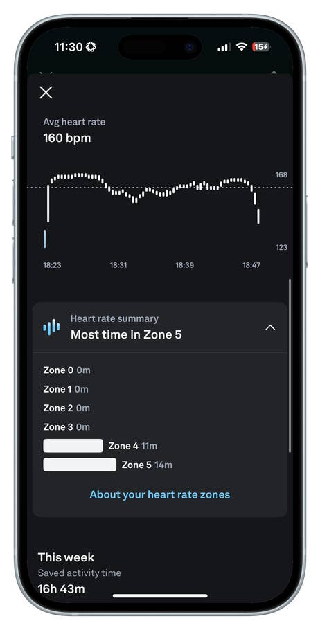 Oura Ring 4 Herzfrequenz-App zeigt einen Durchschnittswert von 160 bpm und die Zeit in verschiedenen Herzfrequenzzonen an.
