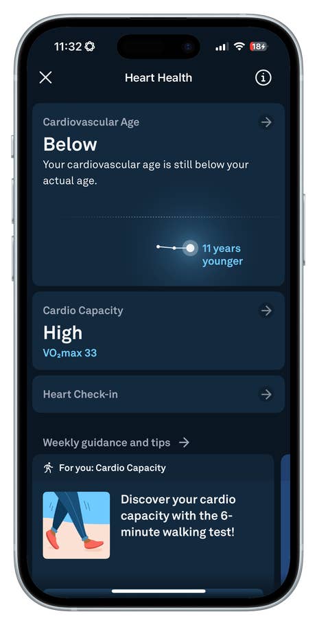 Oura Ring 4 App: Anzeige der Herz-Kreislaufalter und Cardio-Kapazitätskennzahlen.