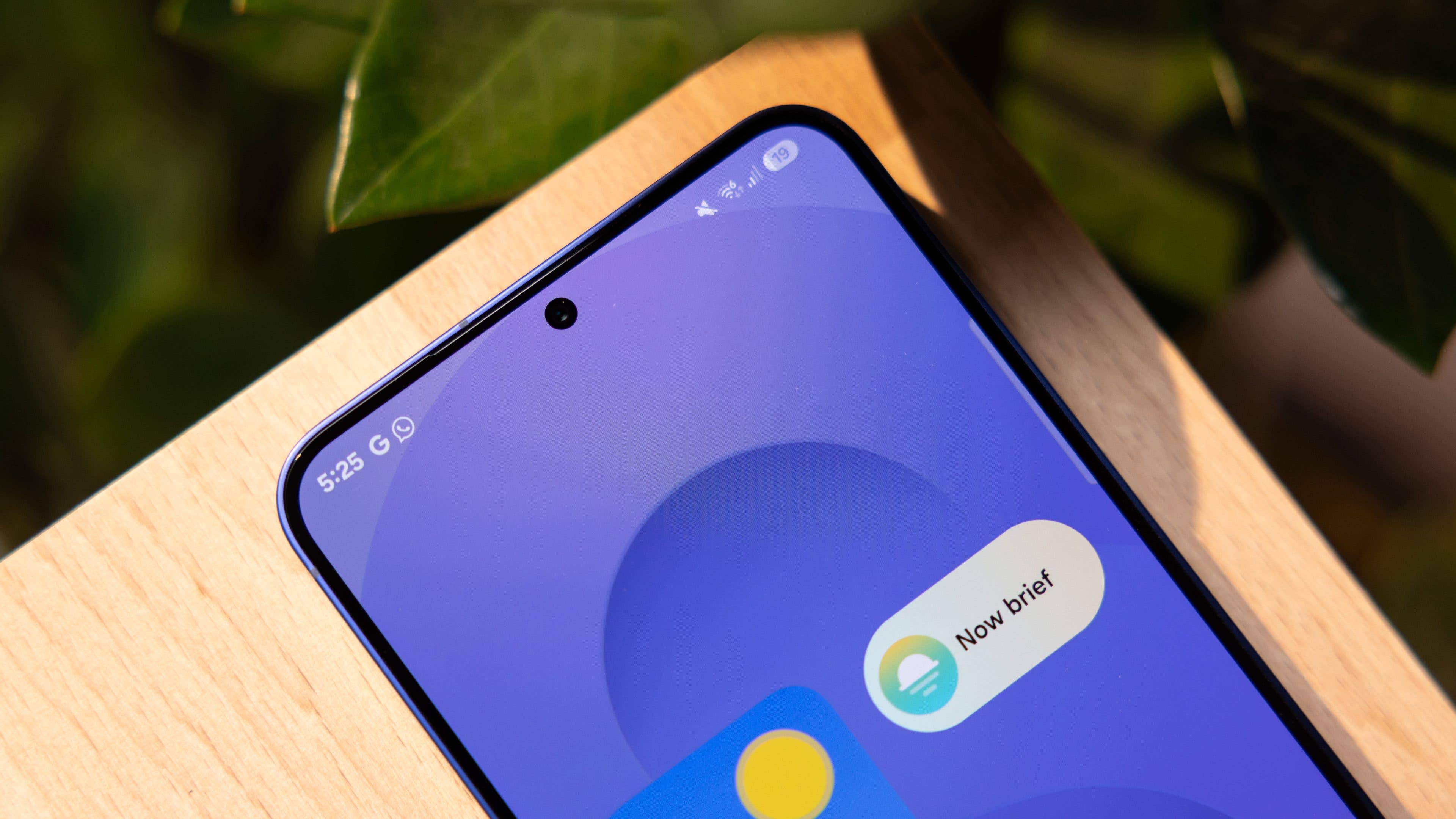 Nahaufnahme des Samsung Galaxy S25 Plus Smartphone-Bildschirms, der die Uhrzeit 5:25 und eine Benachrichtigung mit der Aufschrift 