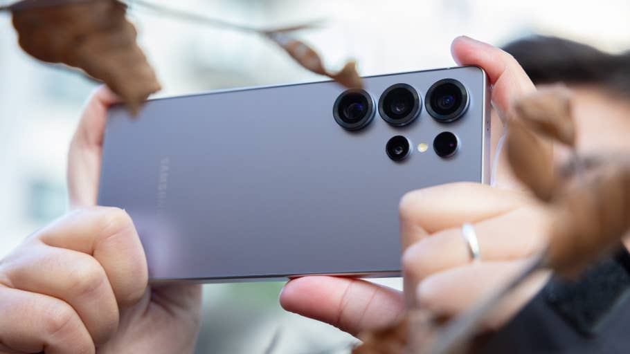 Eine Person hält die Rückseite eines Samsung Galaxy S25 Ultra zwischen getrockneten Blättern.