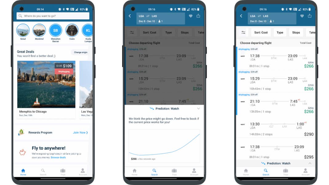 Screenshots der Skiplagged App