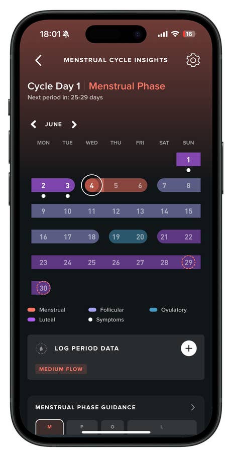 App für Menstruationszyklus, zeigt Zyklustag 1, Menstruationsphase und Vorhersage der nächsten Periode.