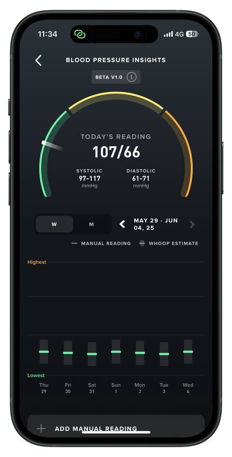 Mobile-App-Bildschirm zeigt Blutdruckwerte: 107/66 mit systolischen und diastolischen Bereichen.