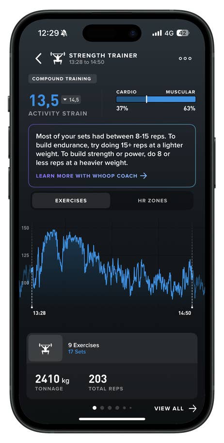 Ein Smartphone zeigt die Whoop-App mit dem Strength Trainer, der Aktivitätsbelastung, Wiederholungen und Trainingsdetails an.