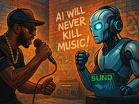 Ein Rapper, der ins Mikrofon spricht, steht einem Roboter-DJ gegenüber, der einen Laptop mit der Aufschrift 'SUNO' hat. Hintergrundtext: 'KI WIRD DIE MUSIK NIE TÖTEN!'