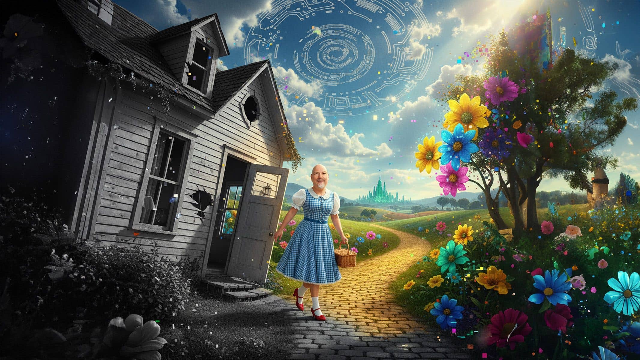 Ein Mädchen in einem blauen Kleid geht einen gelben Ziegelsteinweg mit Blumen und einem Haus in einer fantastischen Landschaft entlang.