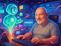 Casi am Computer interagiert mit einem leuchtenden ChatGPT-Charakter inmitten bunter digitaler Elemente.