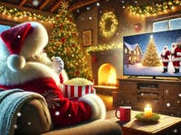 Der Weihnachtsmann genießt Popcorn, während er in einem gemütlichen Wohnzimmer einen Weihnachtsfilm schaut.