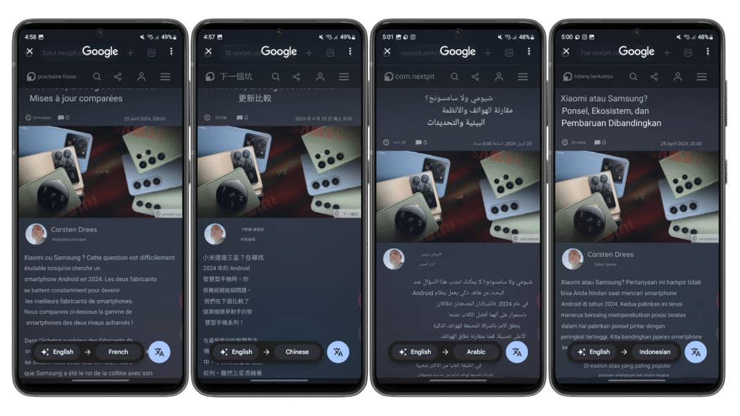 Ein nextpit-Artikel auf einem Smartphone in vier verschiedenen Sprachen Ein nextpit-Artikel auf einem Smartphone in vier verschiedenen Sprachen