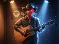 Ein Cowboy mit einer Gitarre, halb Mensch und halb Roboter, vor einem Spotify-Logo.