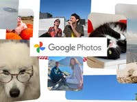 Collage aus verschiedenen Fotos mit dem Text 'Google Photos' in der Mitte.