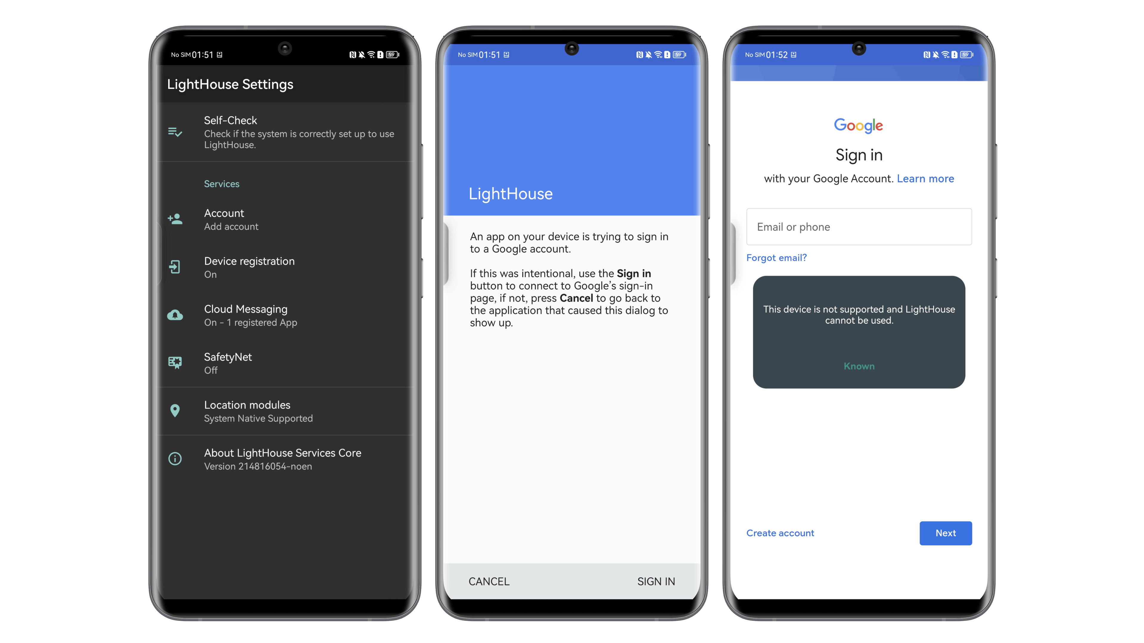 Screenshots der Lighthouse-App