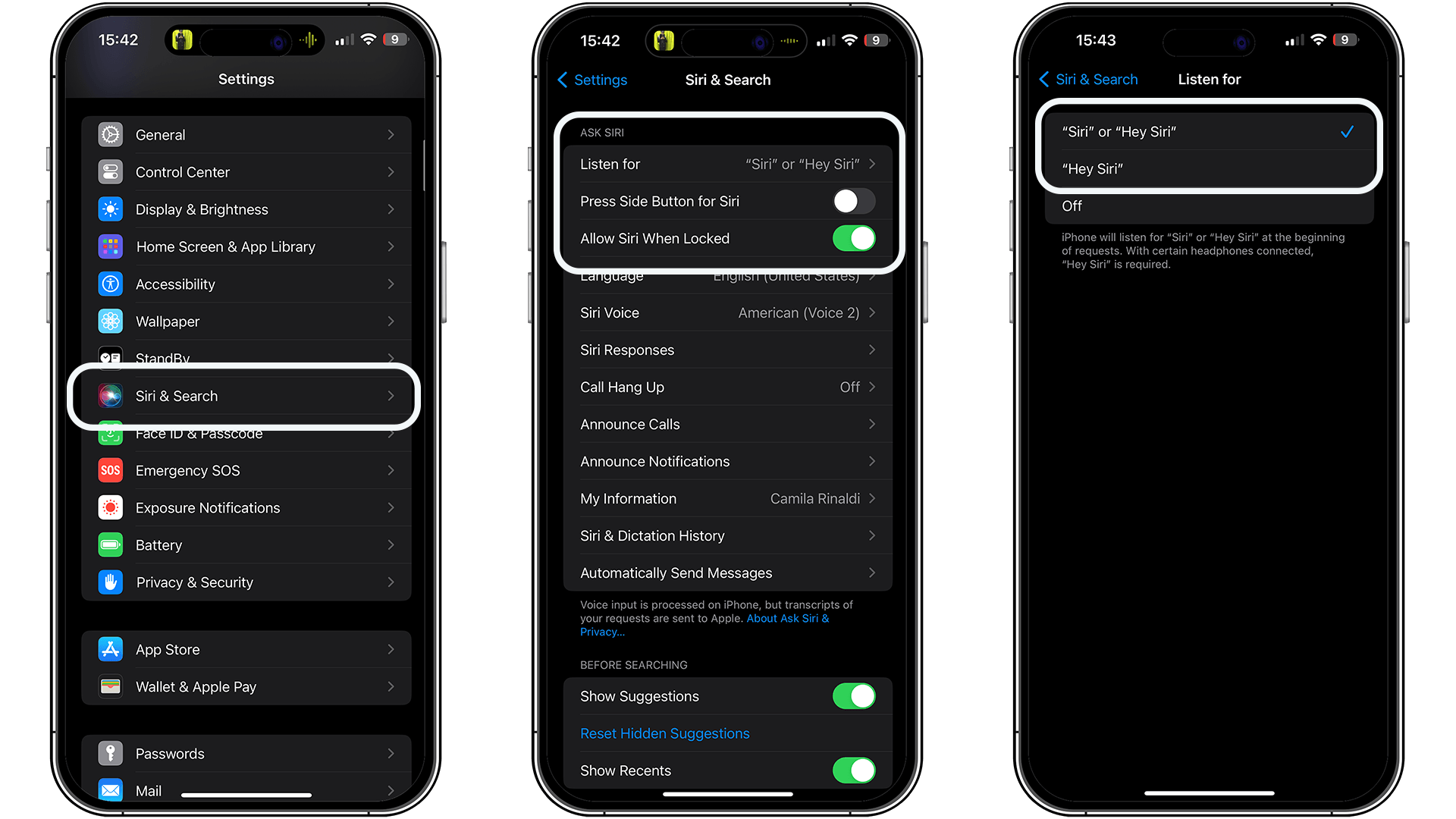 Screenshots zur Aktivierung von Siri auf einem iPhone