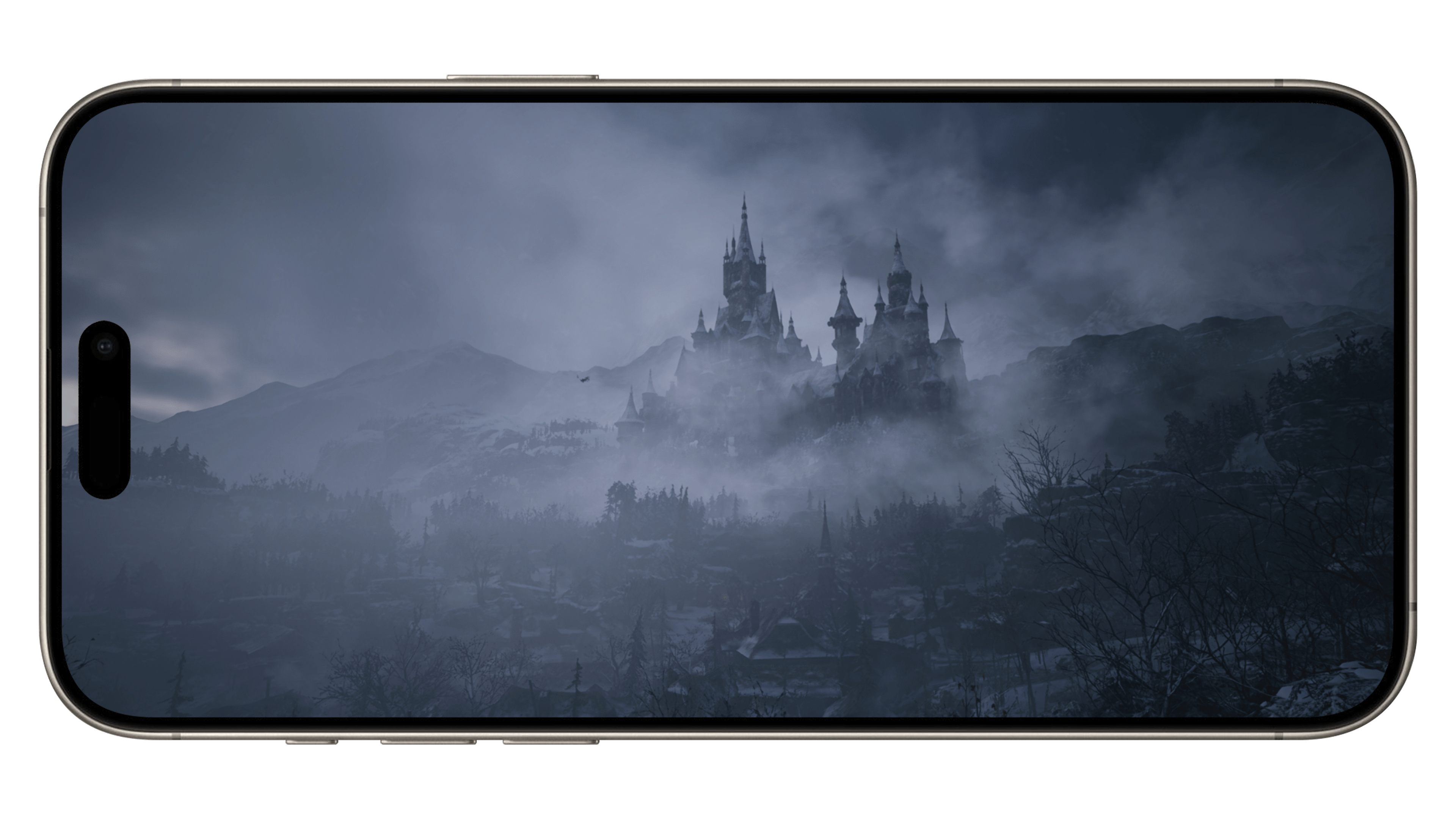 Screenshot von Resident Evil Village auf dem iPhone 15 Pro Max, das ein Schloss im Schnee zeigt