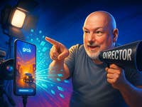 Ein Regisseur zeigt enthusiastisch auf ein Telefon mit 'grok' auf dem Bildschirm, während er ein Megafon mit 'DIRECTOR' hält.