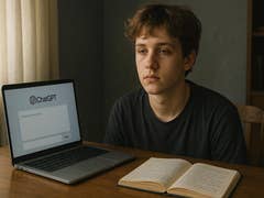 Ein junger Mensch sitzt an einem Tisch mit einem Laptop, auf dem 'ChatGPT' angezeigt wird, und einem offenen Buch daneben.