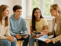 Eine Gruppe von vier Jugendlichen sitzt zusammen und diskutiert mit einer Frau in einem professionellen Umfeld.