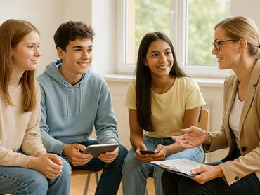 Eine Gruppe von vier Jugendlichen sitzt zusammen und diskutiert mit einer Frau in einem professionellen Umfeld.