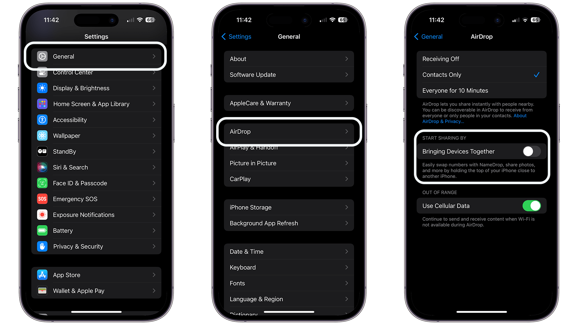 Screenshots on how to deactivate the namedrop feature on the iPhone