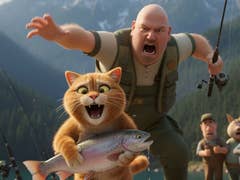 Eine Cartoon-Katze hält fröhlich einen Fisch, während ein Mann begeistert an einem Angler-Szene schreit.
