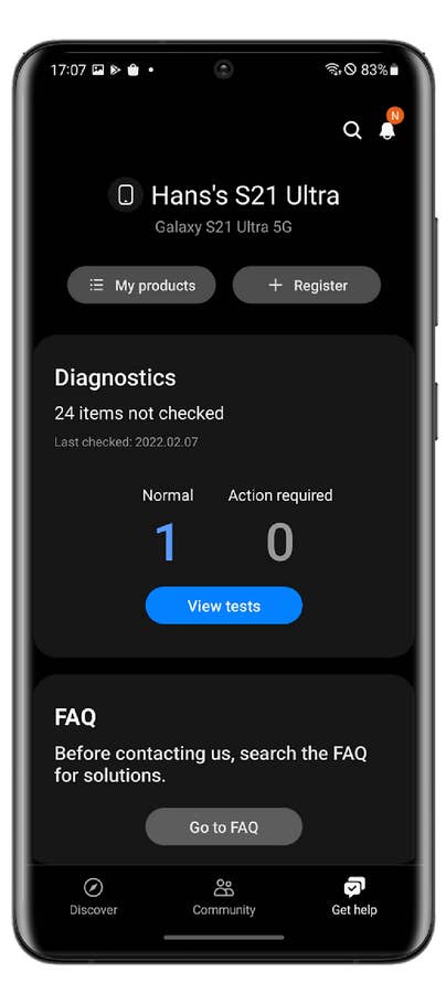 Screenshot der Samsung-Diagnose-Funktion