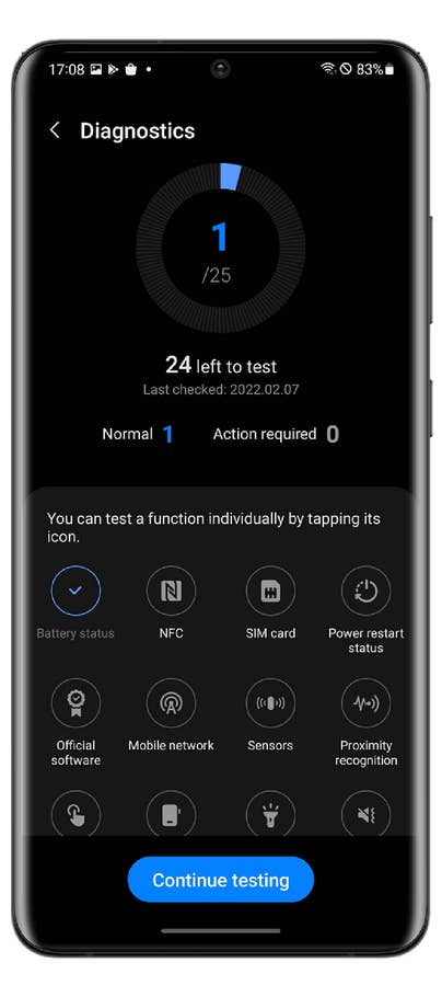 Screenshot der Samsung-Diagnose-Funktion