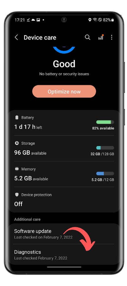 Screenshot der Samsung-Diagnose-Funktion