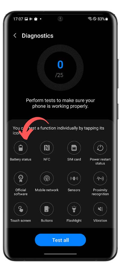 Screenshot der Samsung-Diagnose-Funktion