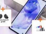 Blick von schräg oben aufs Galaxy A55 plus kleine Bilder der Galaxy Buds FE und einer Nintendo Switch