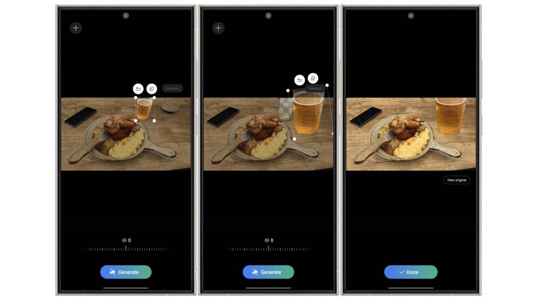 Screenshots zeigen, wie man mit Galaxy AI Objekte verschiebt und vergrößert