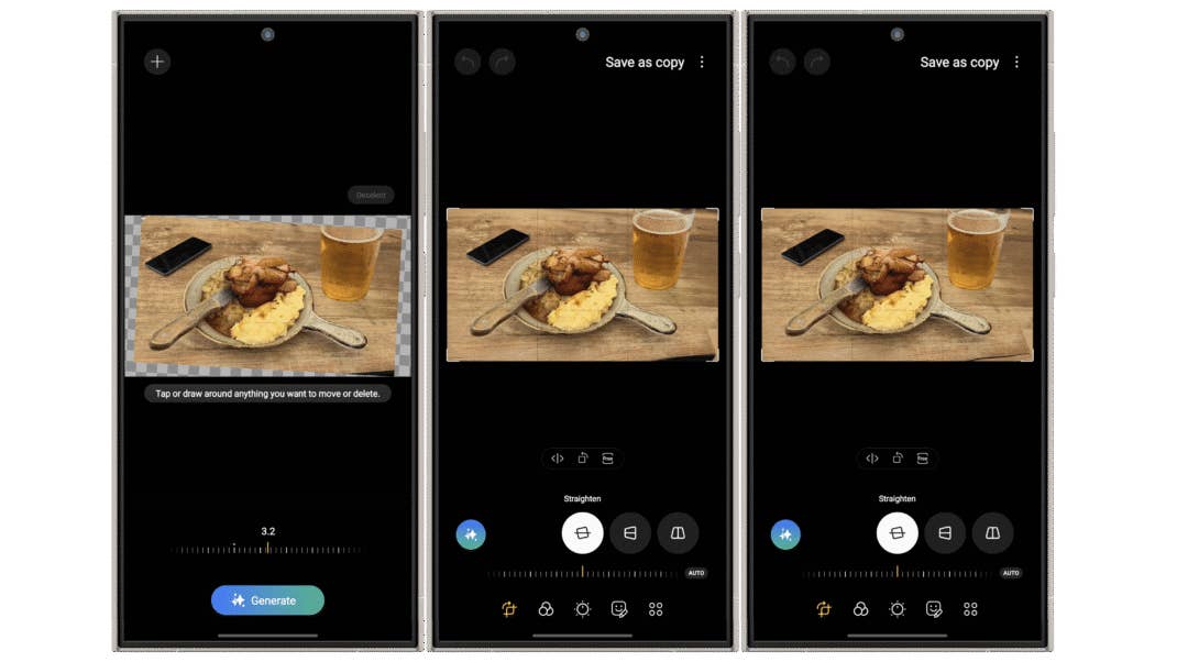 Screenshots zeigen, wie man mit Galaxy AI Fotos gerade ausrichtet