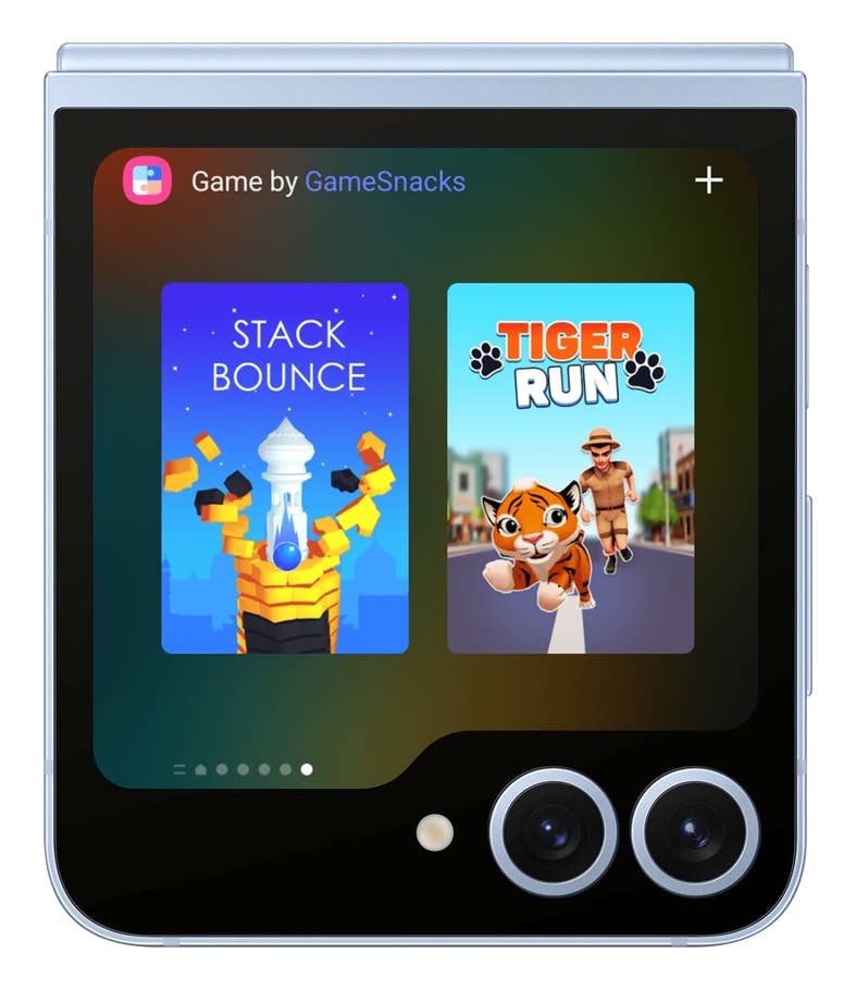 Galaxy Z Flip 6 zeigt Spieloptionen wie Stack Bounce und Tiger Run an.
