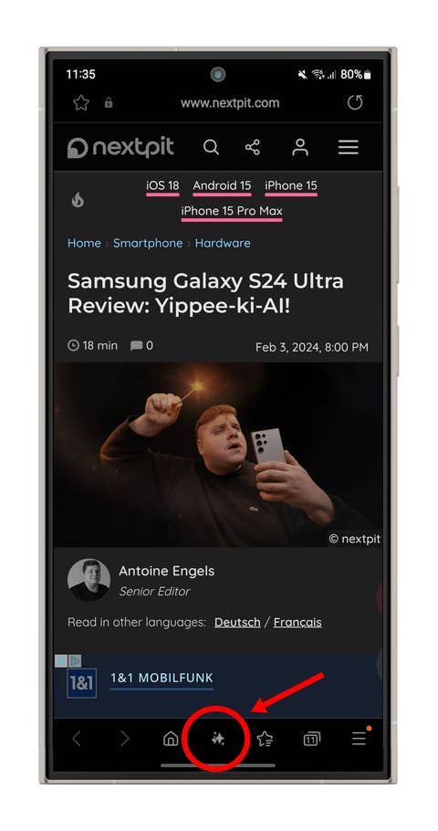 Screenshot der KI-Funktionen im Samsung-Browser