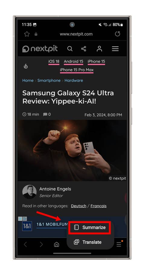 Screenshot der KI-Funktionen im Samsung-Browser