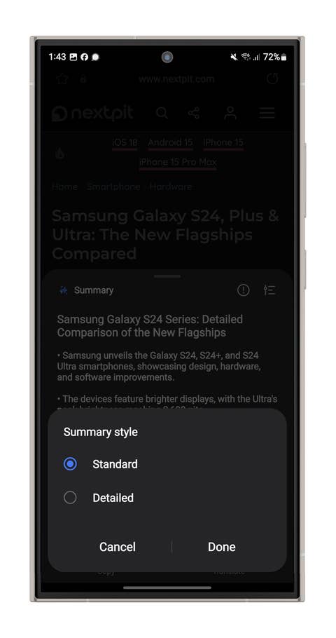 Screenshot der KI-Funktionen im Samsung-Browser