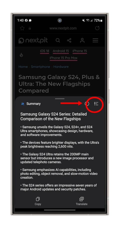 Screenshot der KI-Funktionen im Samsung-Browser
