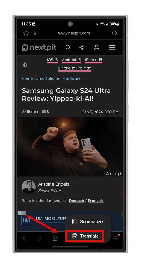 Screenshot der KI-Funktionen im Samsung-Browser