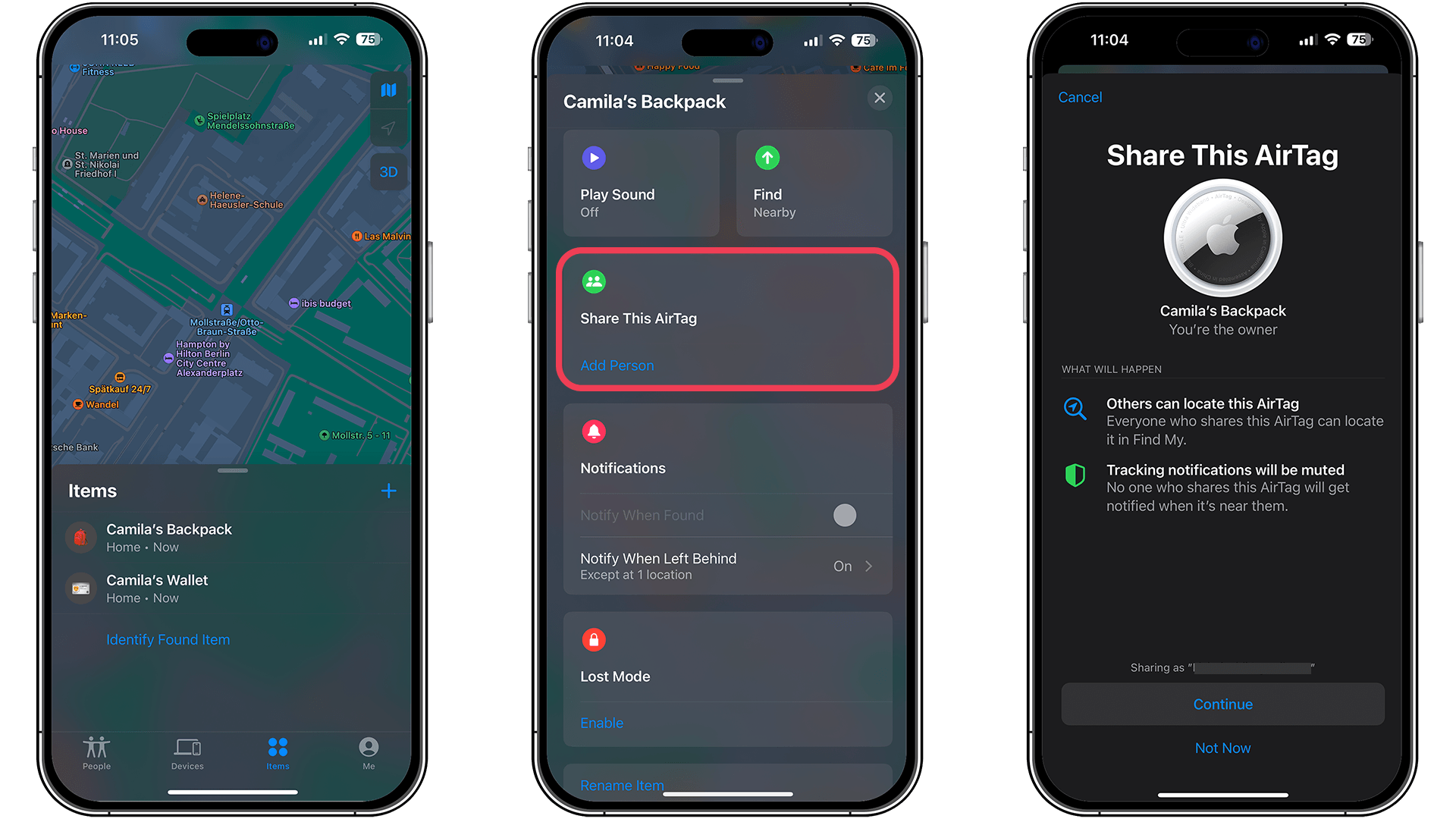 Screenshots zum Sharen von AirTags unter iOS 17