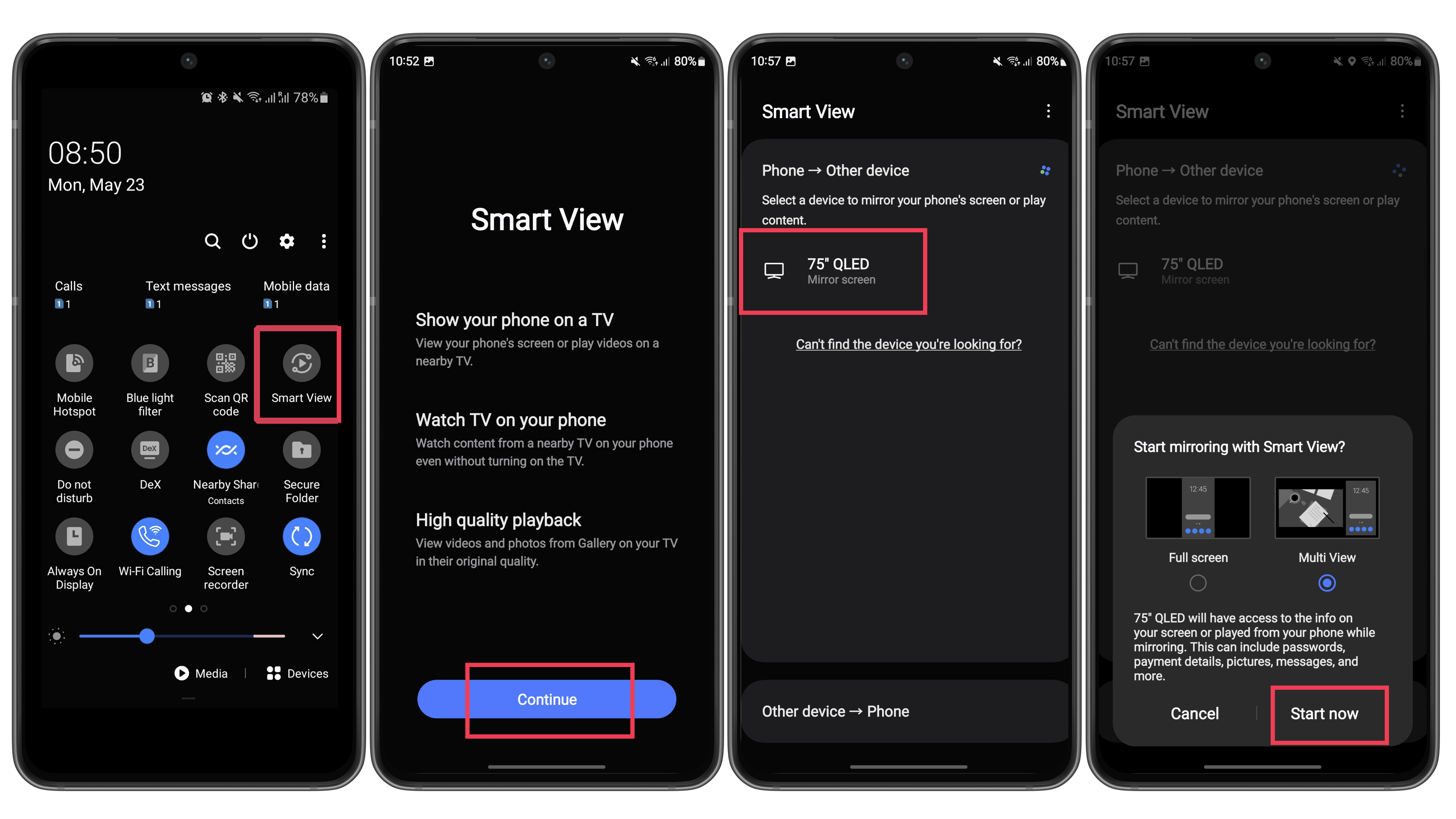 Screenshots zeigen, wie -ihr Smart View auf dem Galaxy-Handy nutzt