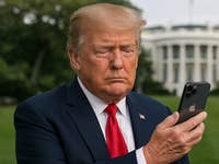 Donald Trump schaut auf sein Handy vor dem Weißen Haus.