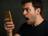 Ein Mann mit einem erschrockenen Gesichtsausdruck schaut auf sein goldenes Smartphone.