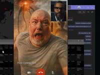 Ein Mann mit schockiertem Gesichtsausdruck in einem Videoanruf, mit einer Karte und Angriffsberichten auf der Seite.