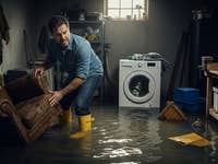 Ein Mann in gelben Gummistiefeln entfernt ein Sofa aus einem überfluteten Keller, umgeben von Wasser und Haushaltsgegenständen.