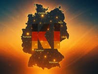 Deutschlandkarte mit 'KI' prominent dargestellt und wichtigen Städten beschriftet.