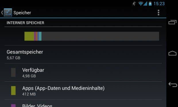 Screenshot eines Gerätespeichermanagers mit Informationen zu internem Speicher, Gesamt- und verfügbarer Speicherplatz.