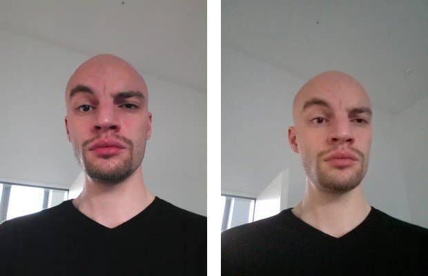 Zwei Porträts eines Mannes mit Glatze und Bart, die leicht unterschiedliche Gesichtsausdrücke zeigen.