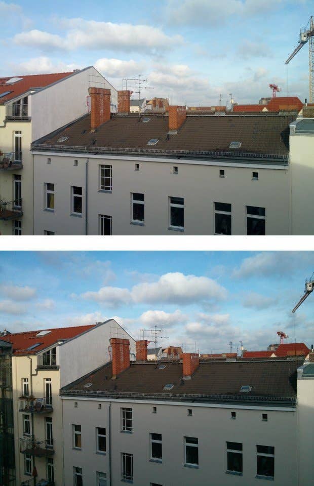 Zwei Bilder: oben ein Gebäude mit Fenster, unten ein Himmel mit Wolken und einem Kran in der Ferne.